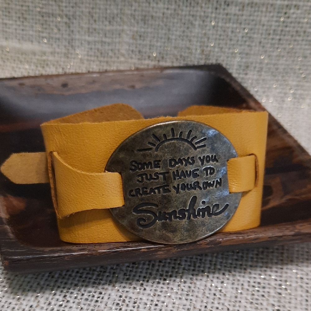 Yellow Leather Bracelet with Inspirational Oval Metal Plate